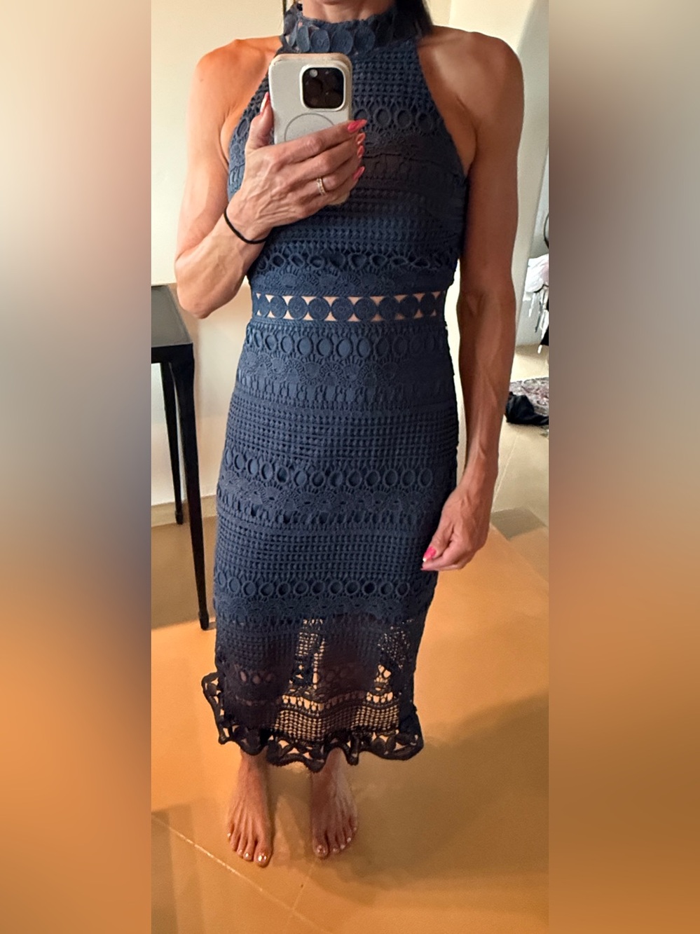 Women's Navy Crochet Midi Dress - Sleek Lace Detail